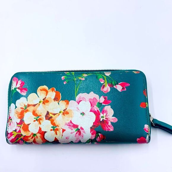 Auth GUCCI Blooms Long Green Painted Leather Zippy Wallet Very Good Preloved - Picture 2 of 11